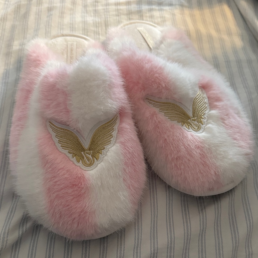 Victoria’s Secret Pink & White Fuzzy Slippers with Gold Wing Emblem